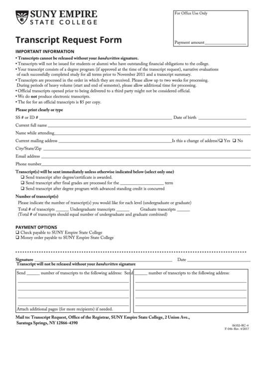 Fillable Form F-046 - Transcript Request Form - Suny Empire State College Printable pdf