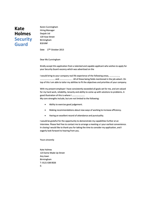 Security Guard Cover Letter Sample - Dayjob - 2013 Printable pdf