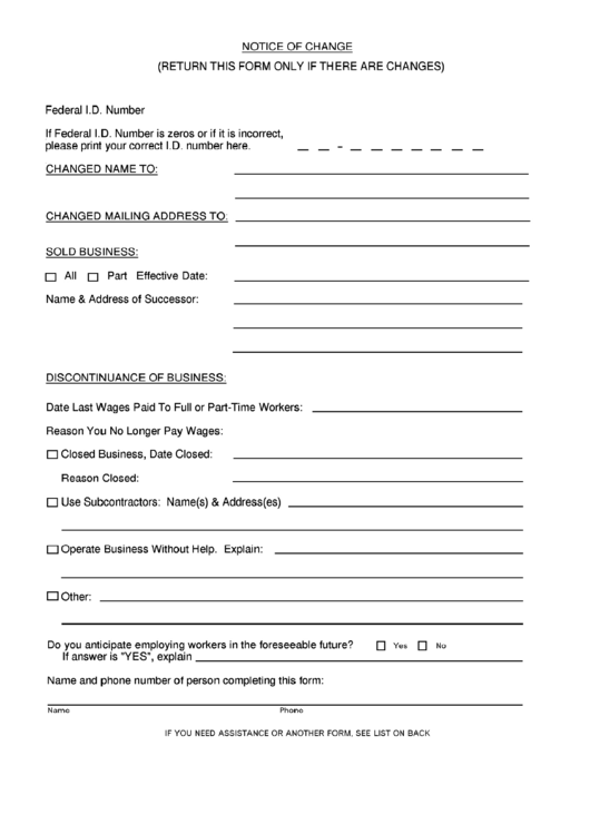 Notice Of Change Form Printable pdf