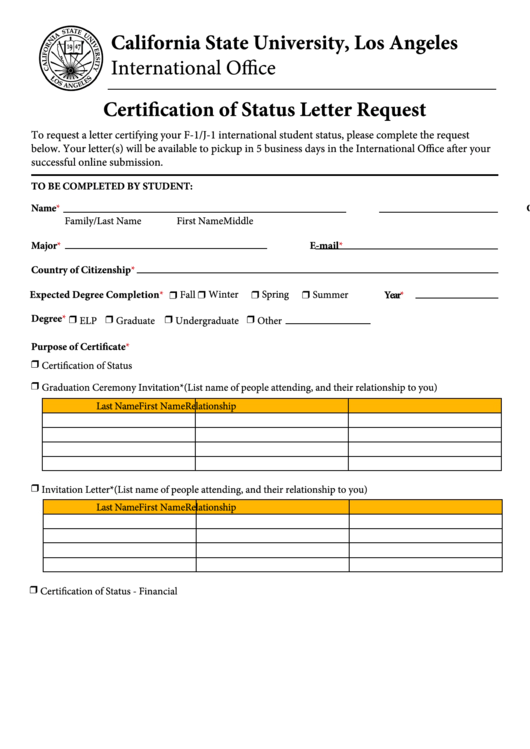 Fillable Certification Of Status Letter Request Form Printable pdf