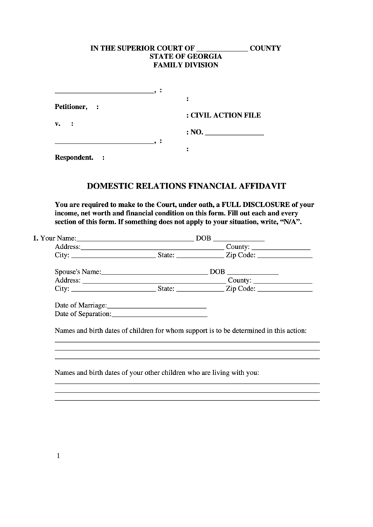 Domestic Relations Financial Affidavit - Georgia Family Division Printable pdf