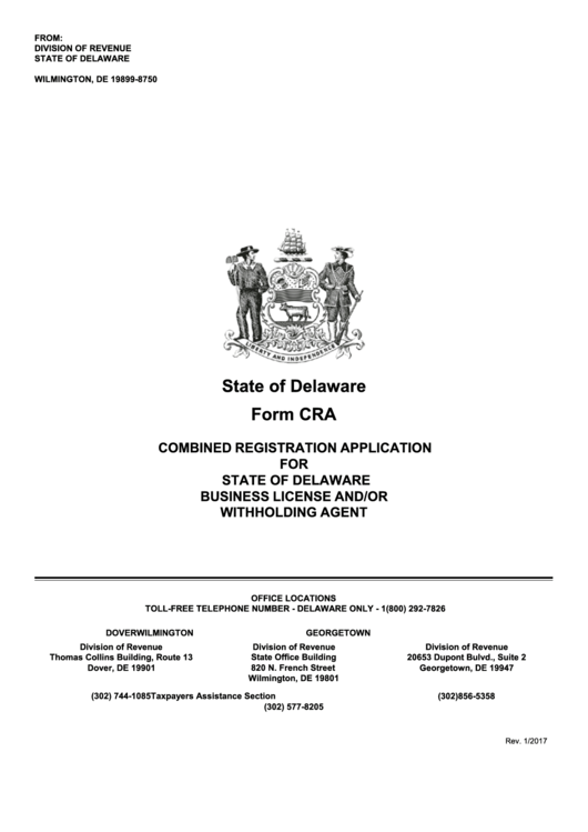 Form Cra - Combined Registration Application For State Of Delaware Business License And/or Withholding Agent Printable pdf
