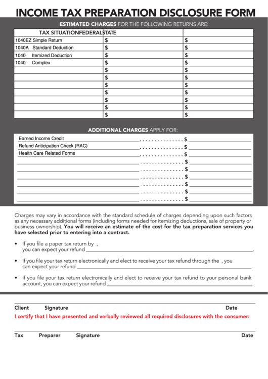 Fillable Income Tax Preparation Disclosure Form Printable pdf