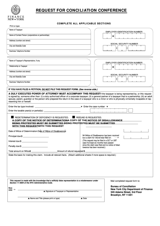 Fillable Request For Conciliation Conference - New York City Department Of Finance Printable pdf