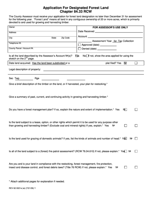 Application For Designated Forest Land - Washington County Assessor Printable pdf