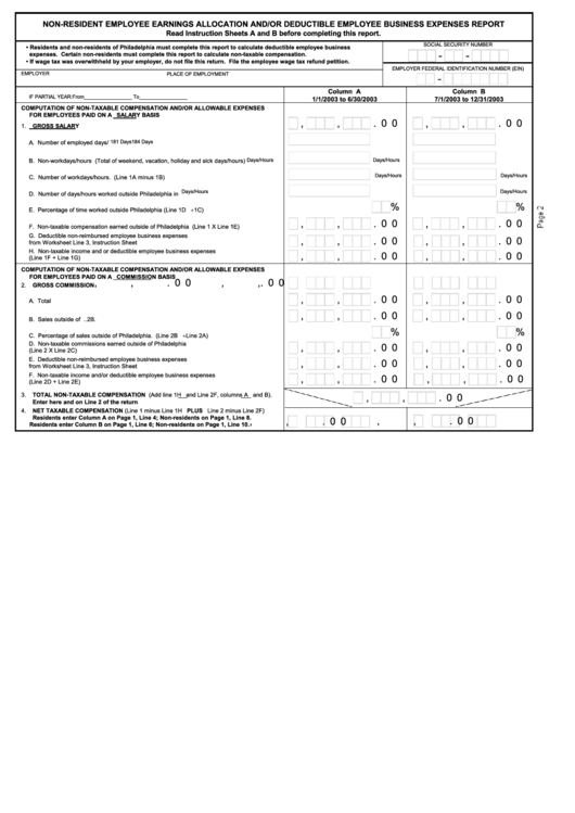 Non-Resident Employee Earnings Allocation And/or Deductible Employee Business Expenses Report - 2003 Printable pdf