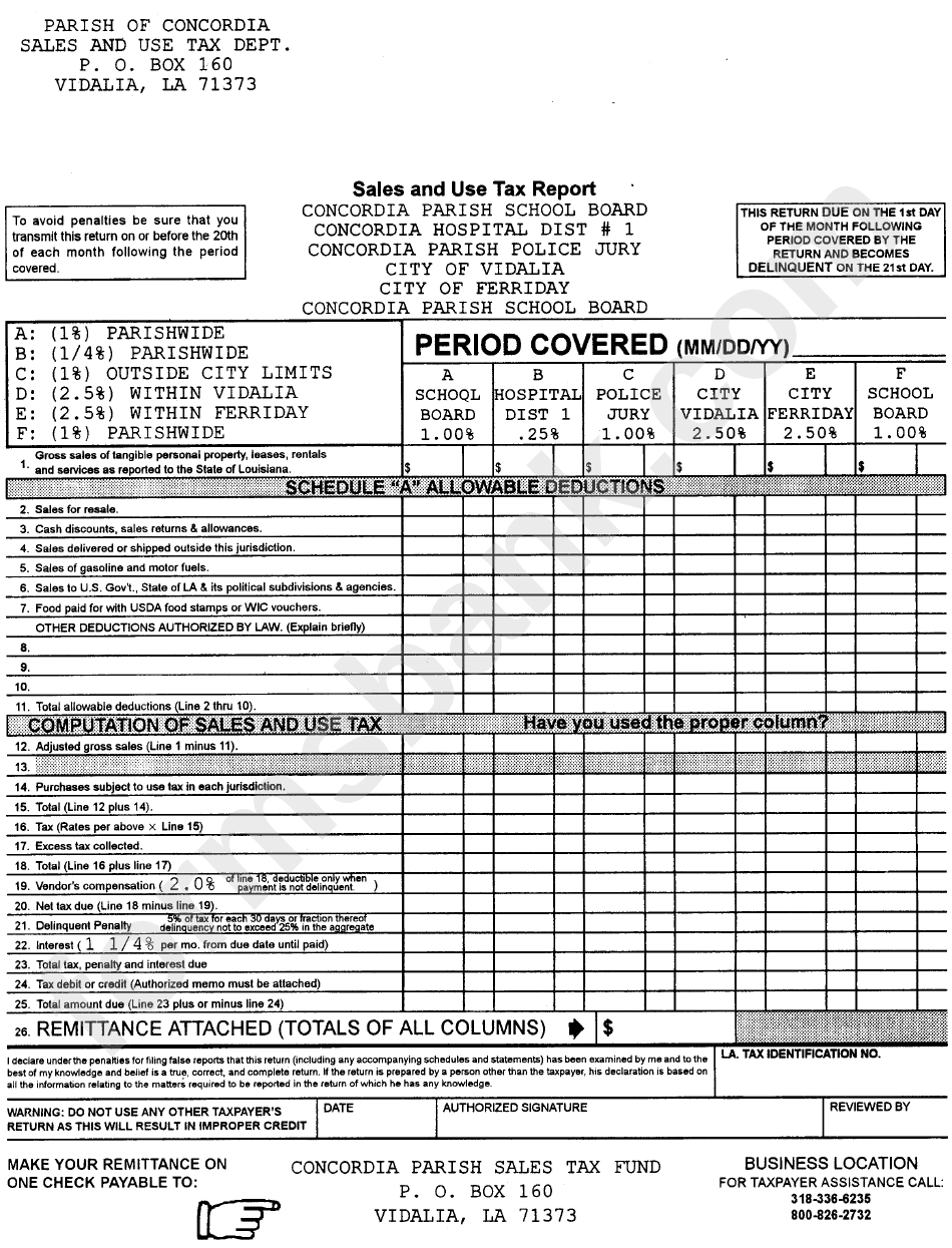 Sales And Use Tax Report - Parish Of Concordia