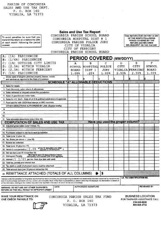 Sales And Use Tax Report - Parish Of Concordia Printable pdf