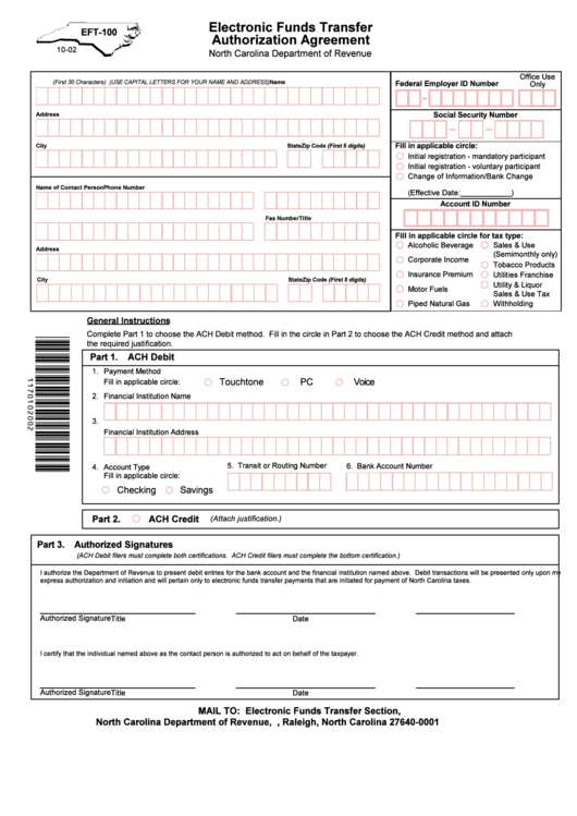 Form Eft-100 - Electronic Funds Transfer Authorization Agreement - 2002 Printable pdf