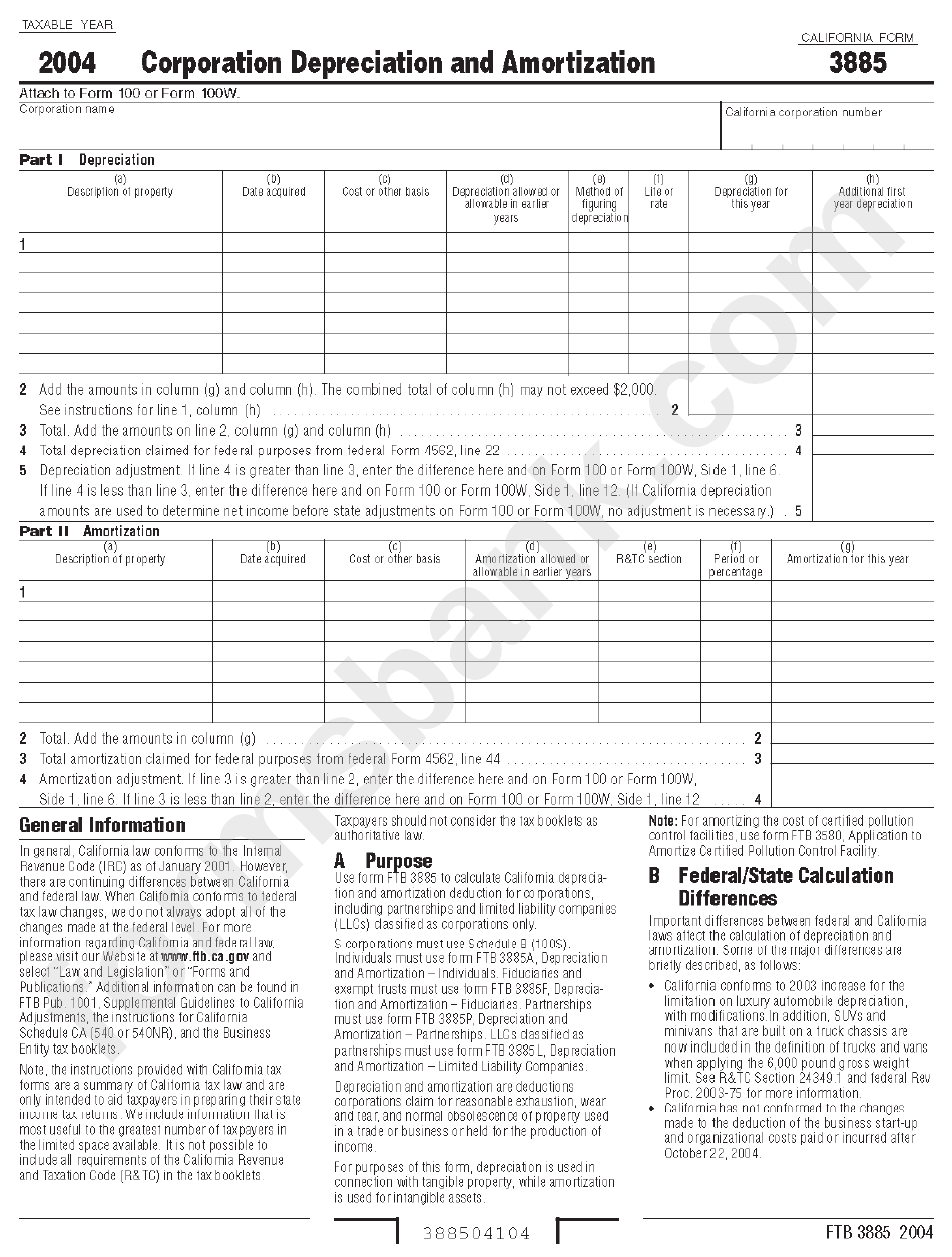 California Form 3885 - Corporation Depreciation And Amortization - 2004