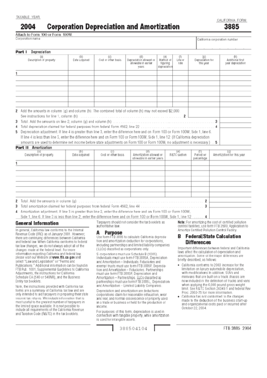 California Form 3885 - Corporation Depreciation And Amortization - 2004 Printable pdf