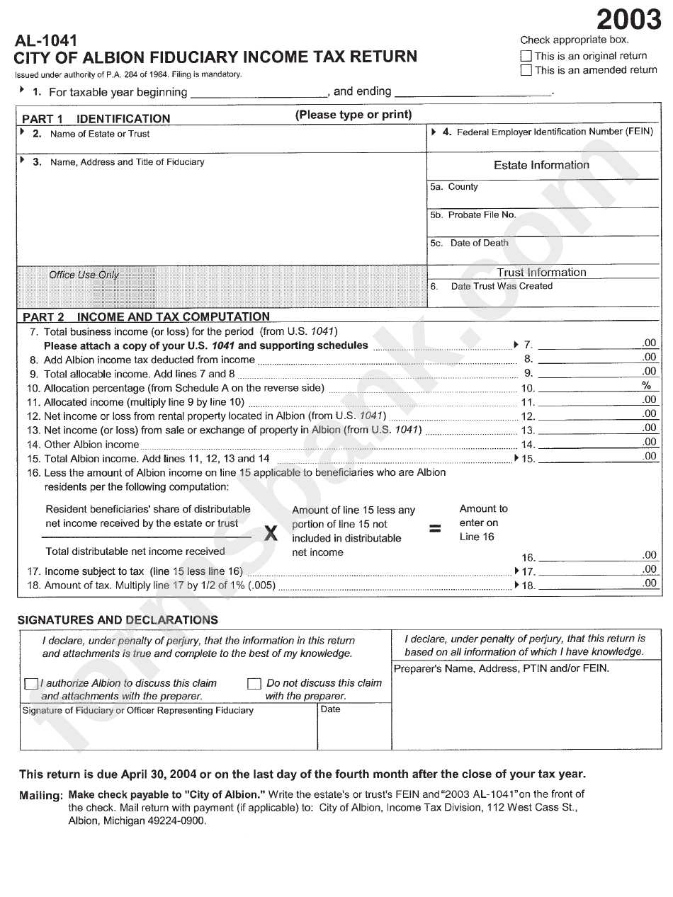 Form Al-1041 - Fiduciary Income Tax Return - City Of Albion - 2003