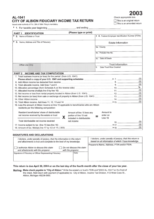 Form Al-1041 - Fiduciary Income Tax Return - City Of Albion - 2003 Printable pdf