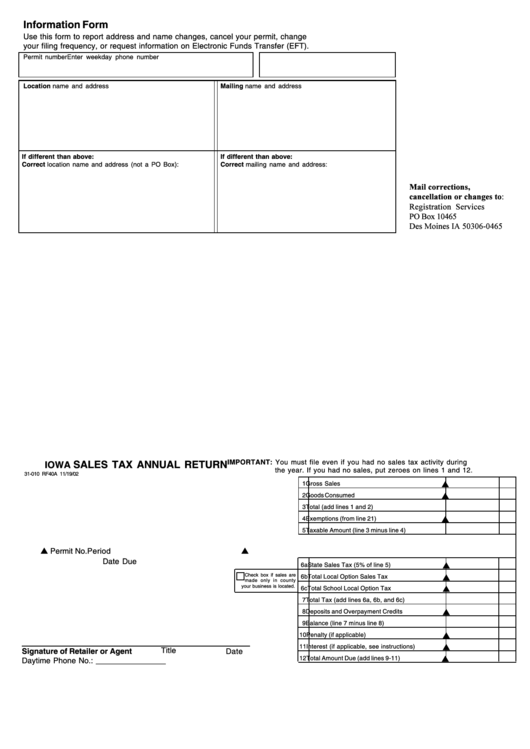 Form 31-010 - Iowa Sales Tax Annual Return Printable pdf