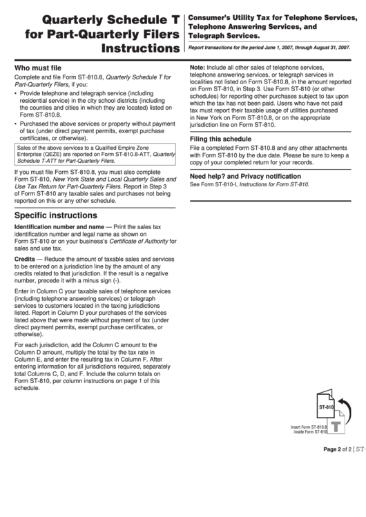 Instructions For Quarterly Schedule T (Form St-810.8) For Part-Quarterly Filers - Consumer