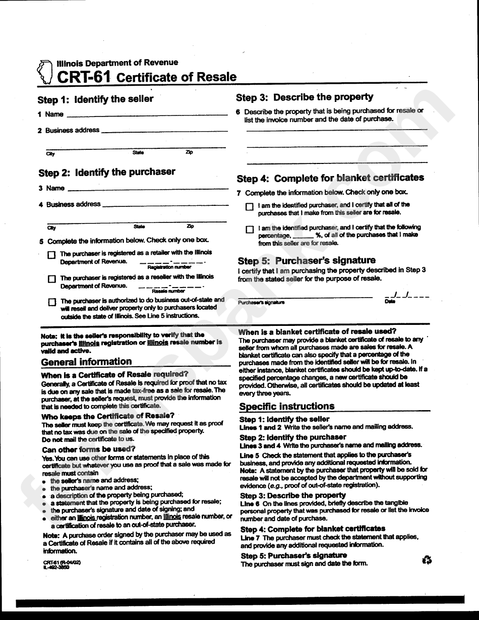 Form Crt-61 - Certificate Of Resale