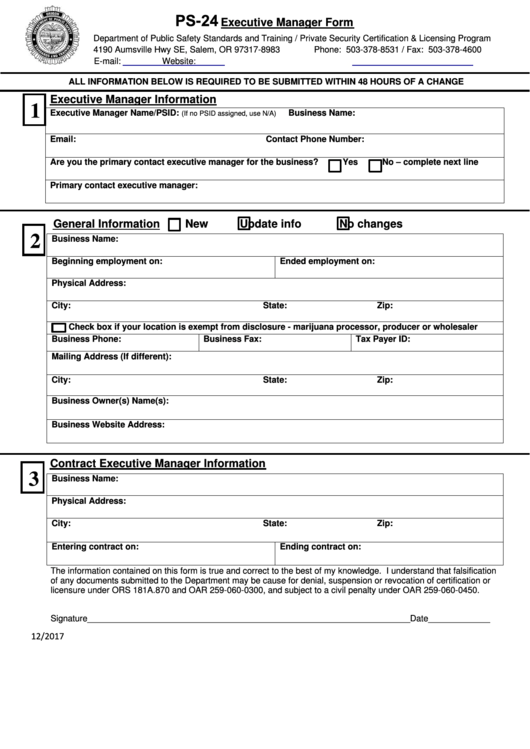 Form Ps-24 - Executive Manager - Oregon Department Of Public Safety Standards And Training Printable pdf