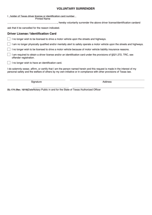 Form Dl-174 - Voluntary Surrender - Texas Department Of Public Safety Printable pdf