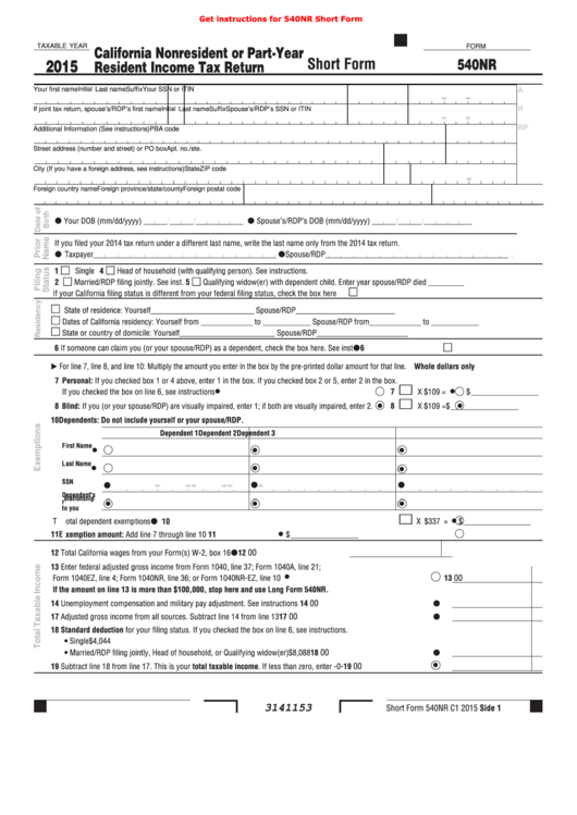Fillable Form 540nr - California Nonresident Or Part-Year Resident Income Tax Return - Short Form - 2015 Printable pdf