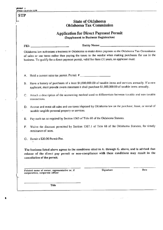 Form 53-66a - Application For Direct Payment Permit - Oklahoma Tax Commission Printable pdf