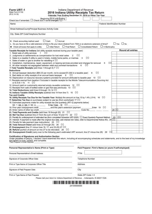 Fillable Form Urt-1 - Indiana Utility Receipts Tax Return - 2016 Printable pdf