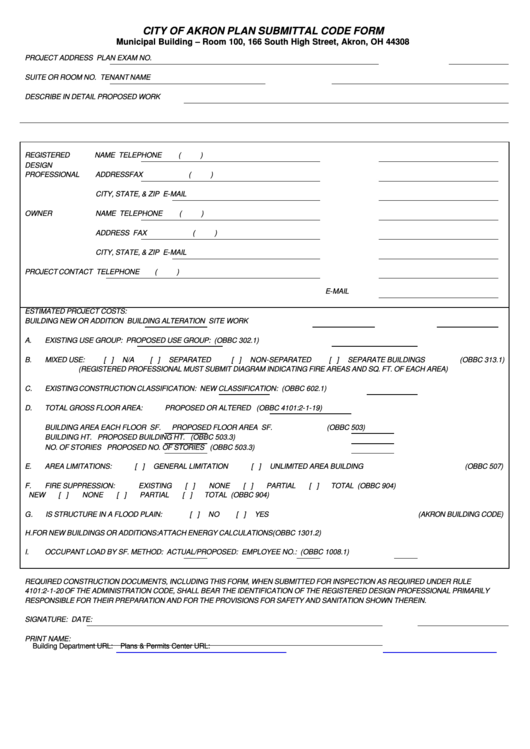 City Of Akron Plan Submittal Code Form Printable pdf