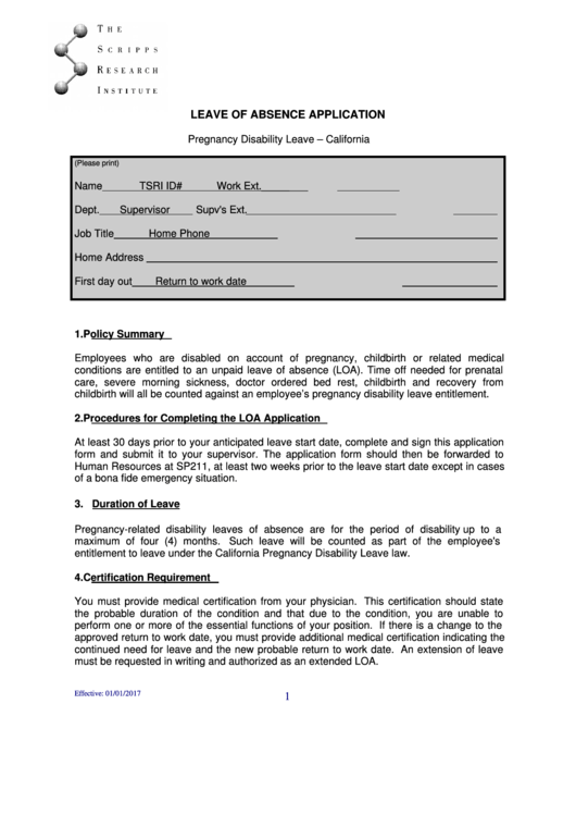 Leave Of Absence Application Printable pdf