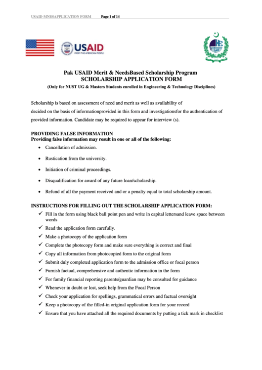 Scholarship Application Form - Pak Usaid Merit & Needs Based Scholarship Program Printable pdf