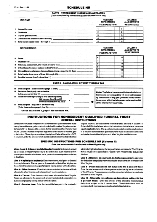 Form It-141 Schedule Nr - West Virginia Nonresident Qualified Funeral Trust Printable pdf