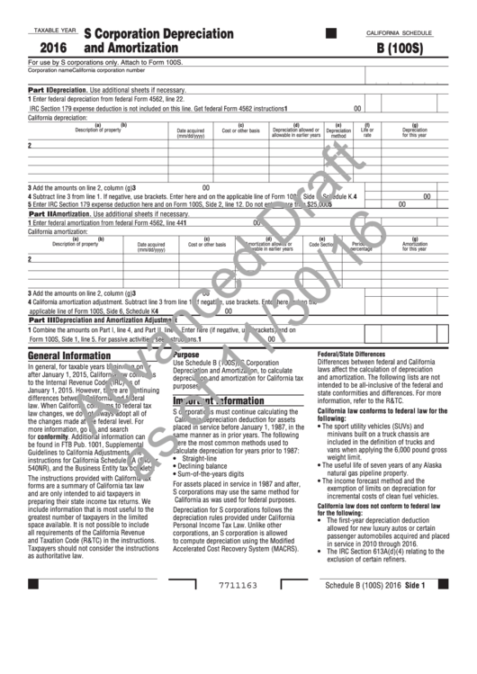 Advance Draft For Form 100s Schedule B And C - S Corporation Depreciation And Amortization And Tax Credits - 2016 Printable pdf