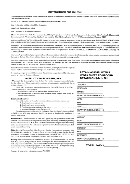 Instructions For J941/501 And Jw-3 - City Of Jackson Printable pdf