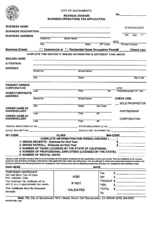 Form Wp Bt014 - Business Operations Tax Application - City Of Sacramento Printable pdf