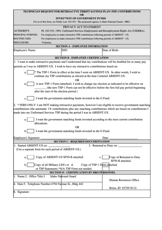 Fillable Technician Request For Retroactve Thrift Savings Plan (Tsp) Contributions Or Investment Of Government Funds Printable pdf