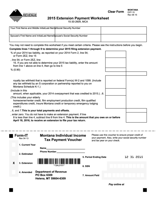 Fillable Form Ext-15 - Extension Payment Worksheet - 2015 Printable pdf