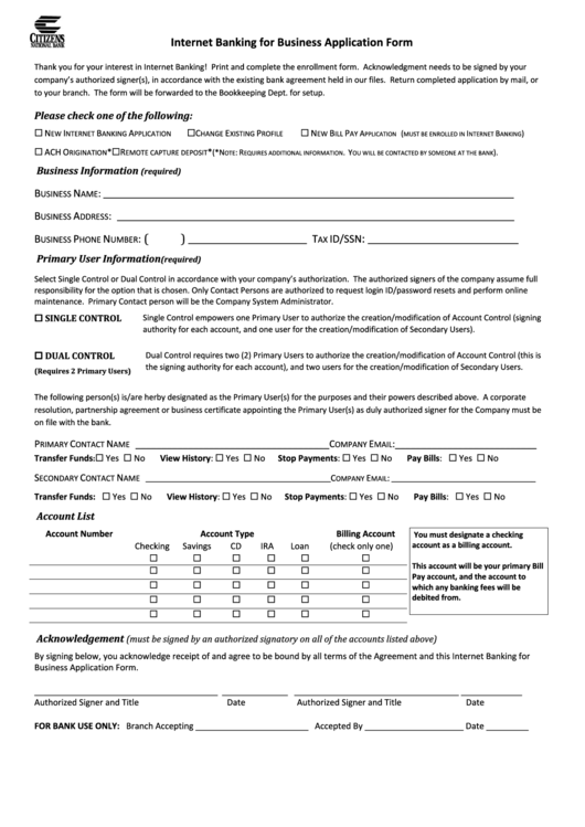 Internet Banking For Business Application Form Printable pdf