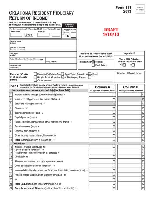 Form 513 Draft - Oklahoma Resident Fiduciary Return Of Income - 2013 Printable pdf