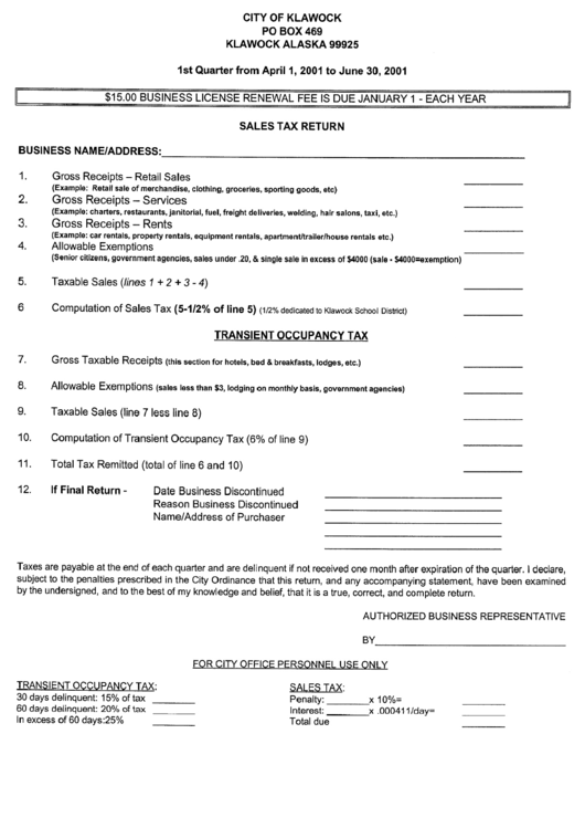 Quarterly Sales Tax Return And Transient Occupancy Tax - City Of Klawock - 2001 Printable pdf