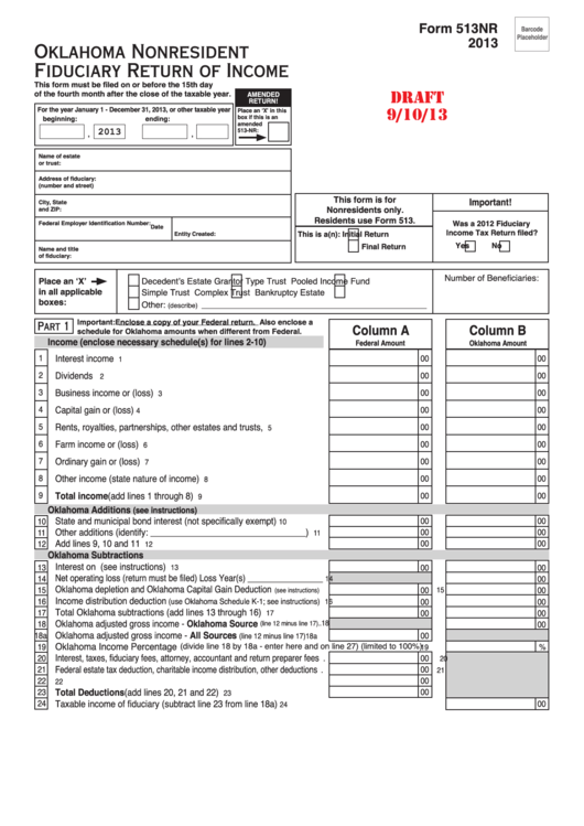Form 513nr Draft - Oklahoma Nonresident Fiduciary Return Of Income - 2013 Printable pdf