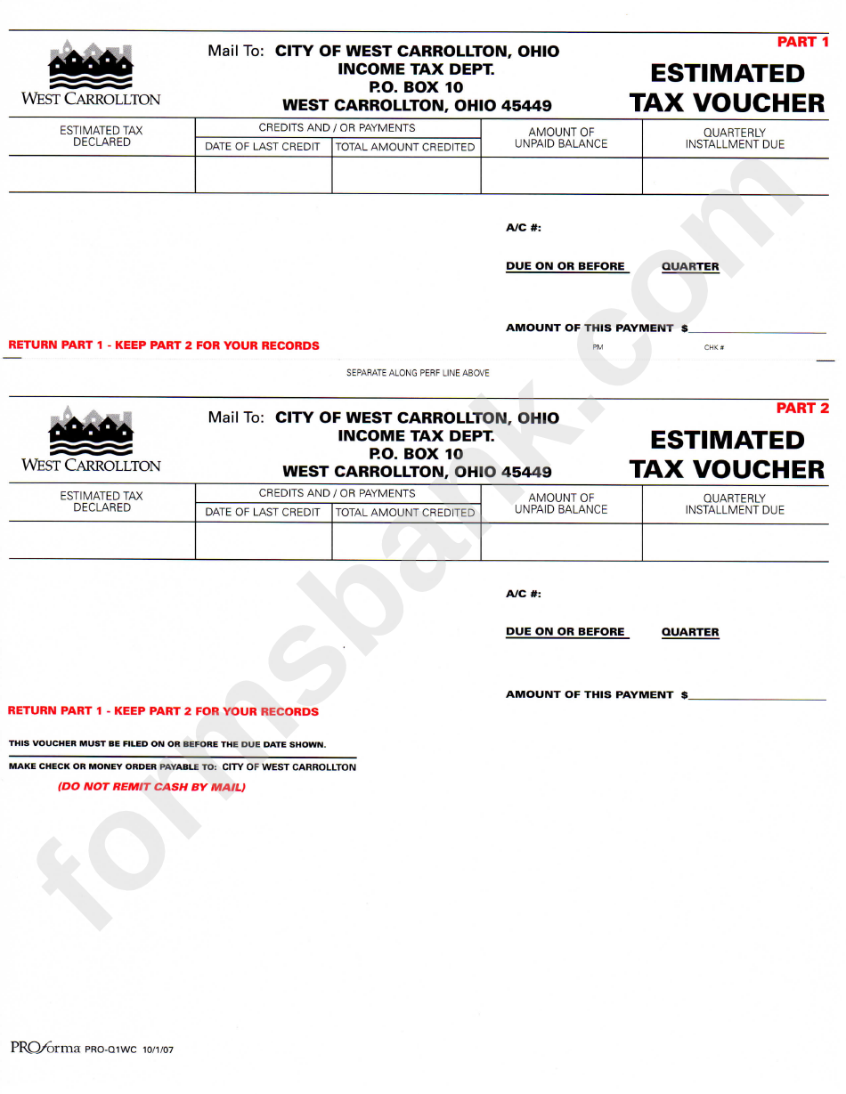 Form Pro-Q1wc - Estimated Tax Voucher - City Of West Carrolton