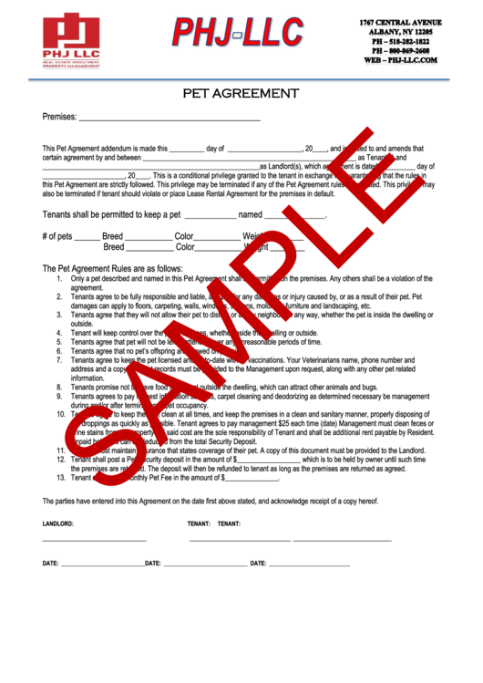 Sample Pet Agreement Template Printable pdf
