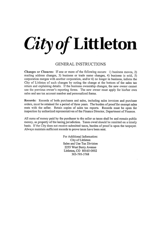 Instructions For Filing Tax Return - City Of Littleton Printable pdf