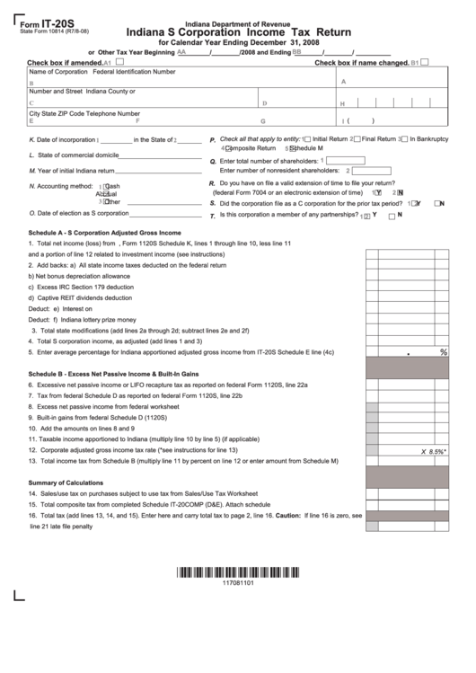 Form It-20s - Indiana S Corporation Income Tax Return - 2008 Printable pdf