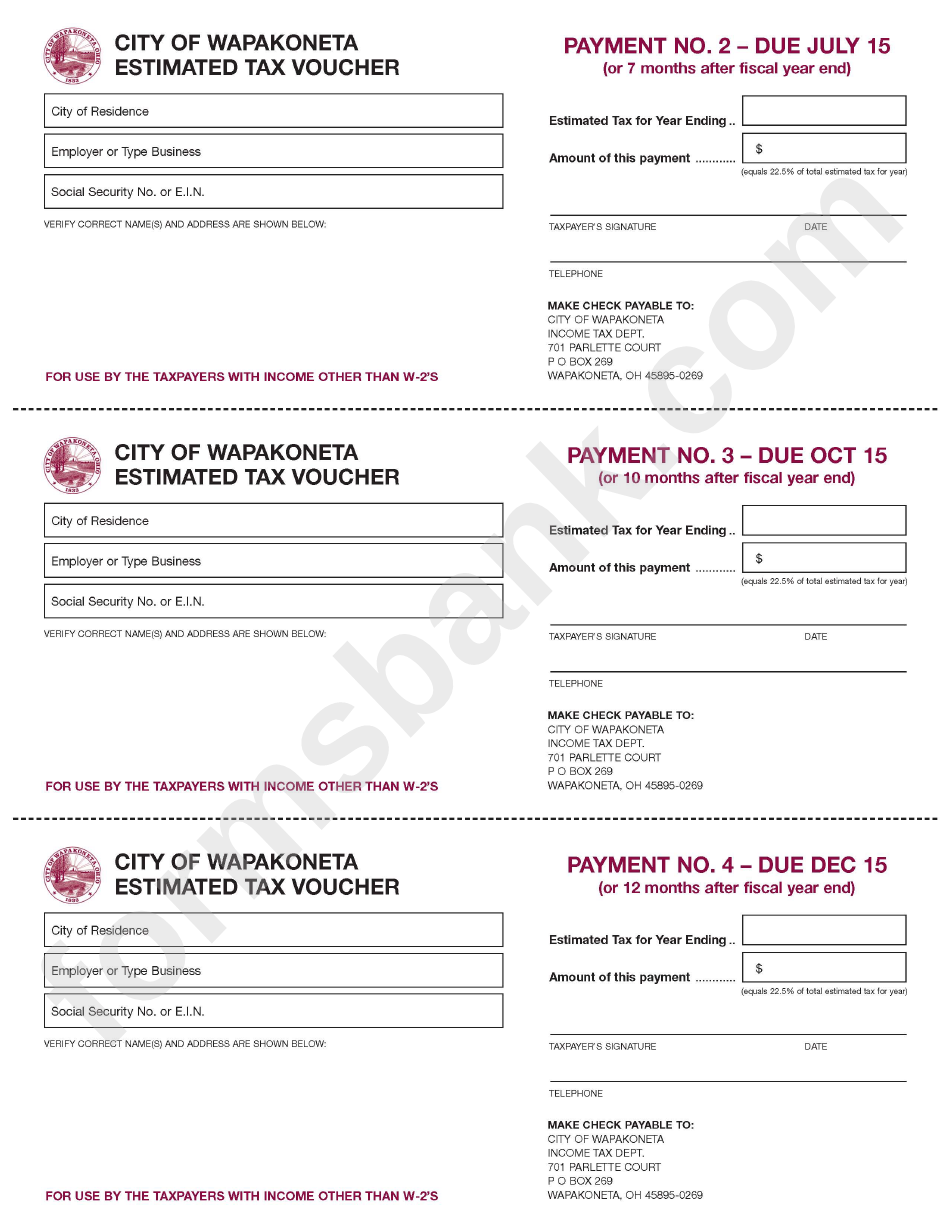 Estimated Tax Voucher - City Of Wapakoneta printable pdf download