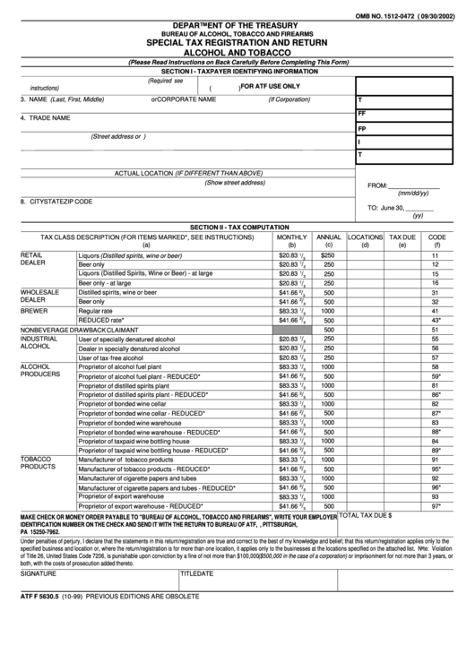 Form Atf F 5630.5 - Special Tax Registration And Return Alcohol And Tobacco Printable pdf