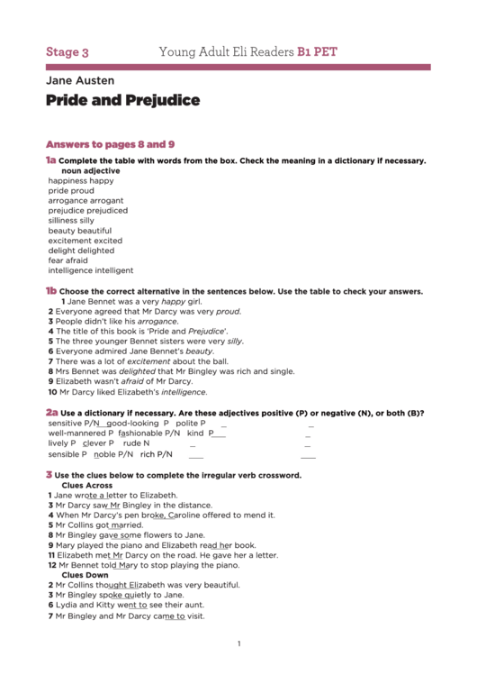 Pride And Prejudice Test Printable pdf