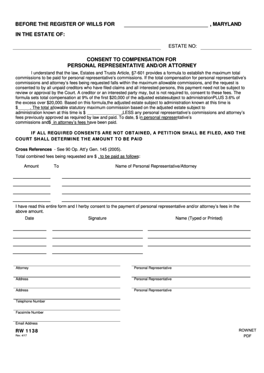 Fillable Form Rw1138 - Consent To Compensation For Personal Representative And/or Attorney Printable pdf