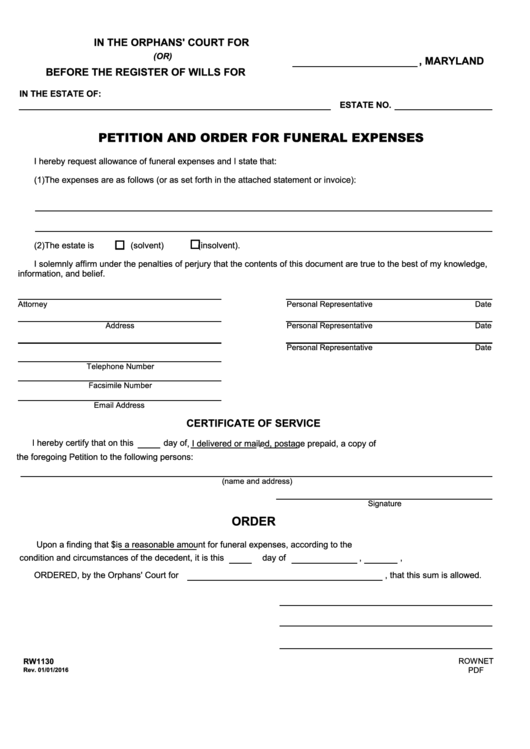 Fillable Form Rw1130 - Petition And Order For Funeral Expenses Printable pdf