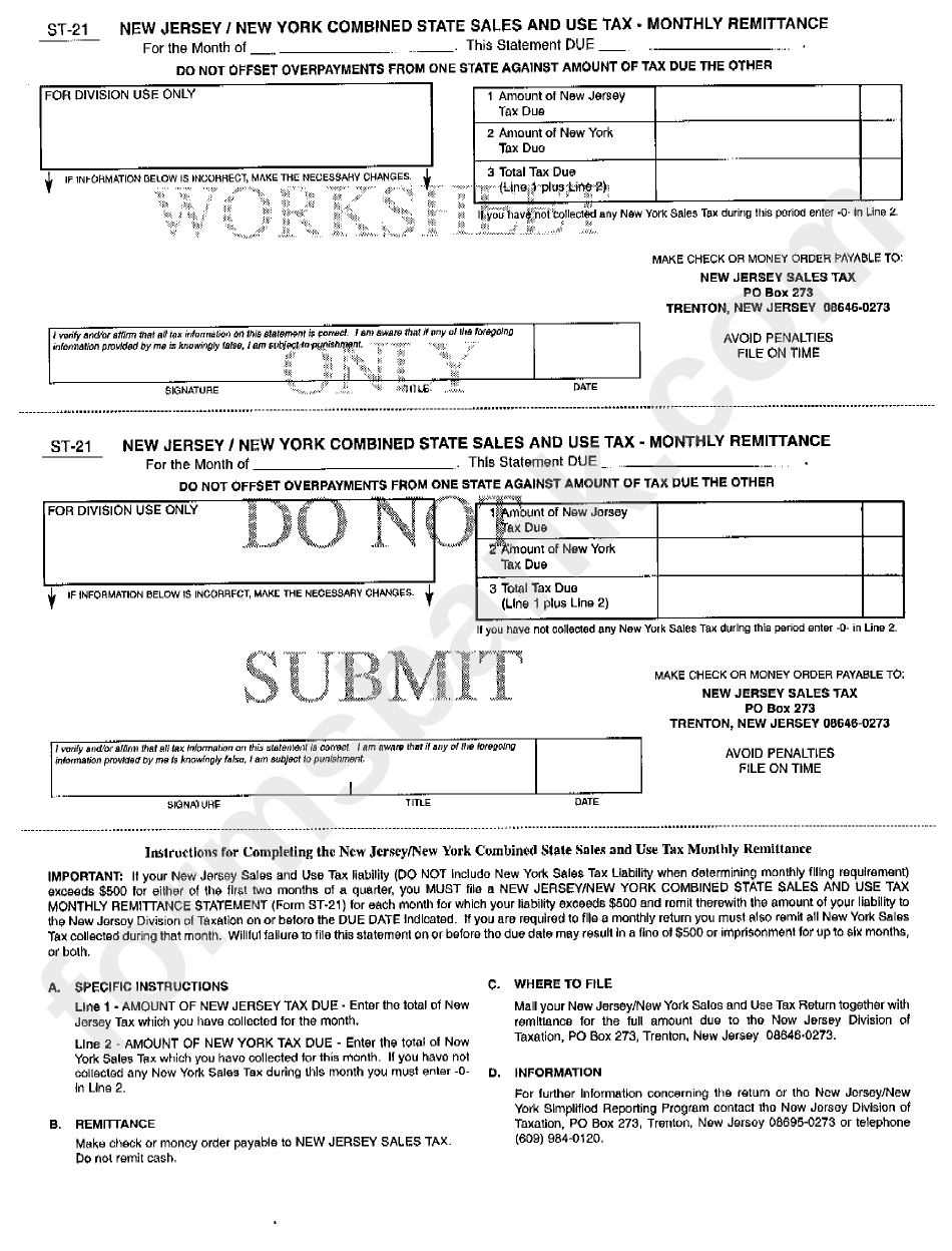 Form St-21 - New Jersey/new York Combined State Sales And Use Tax - Monthly Remittance