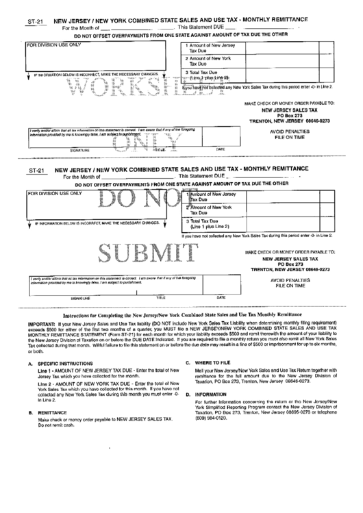 Form St-21 - New Jersey/new York Combined State Sales And Use Tax - Monthly Remittance Printable pdf