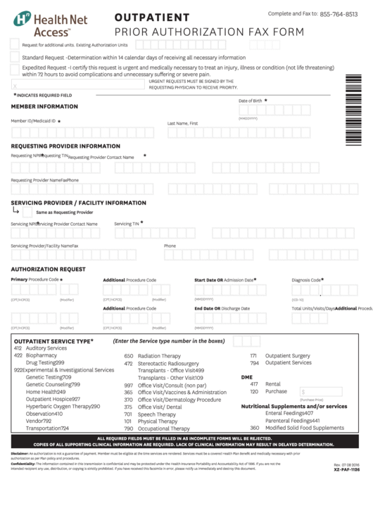 Outpatient Prior Authorization Fax Form Printable pdf